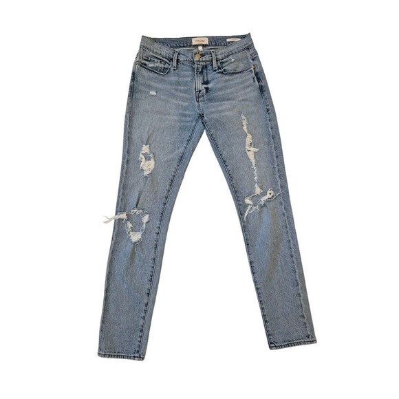 FRAME le Garcon Distressed Jeans Mid Rise Skinny Jeans Medium Wash Sz 25 - Picture 1 of 9